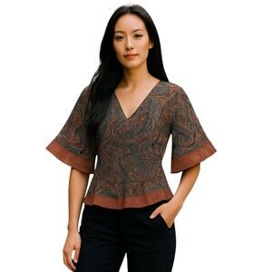 Ice Silk Paisley Boho Blouse Flare Sleeve V-Neck Rust Trim Peplum Top Size Large